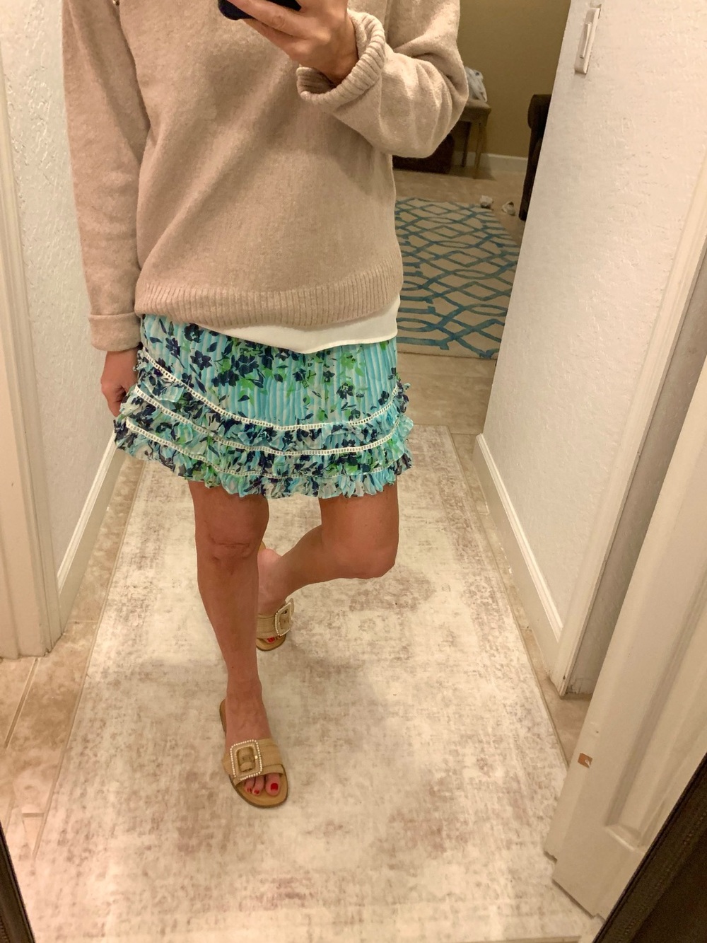 Ramy Brook Silk Ruffled Floral Mini Skirt in Light Blue Navy Floral